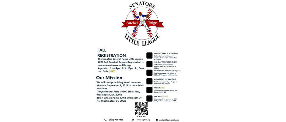 Senators Satchel Paige Little League 2024 Fall League Registration Flyer 