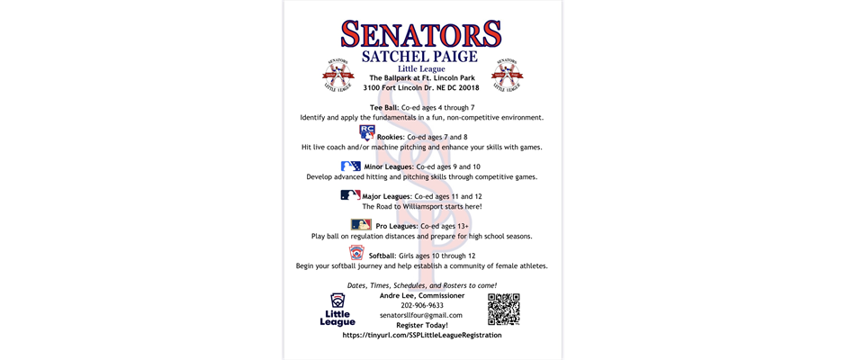 Senators Satchel Paige Little League 2025 Spring Registration Is Now Open 